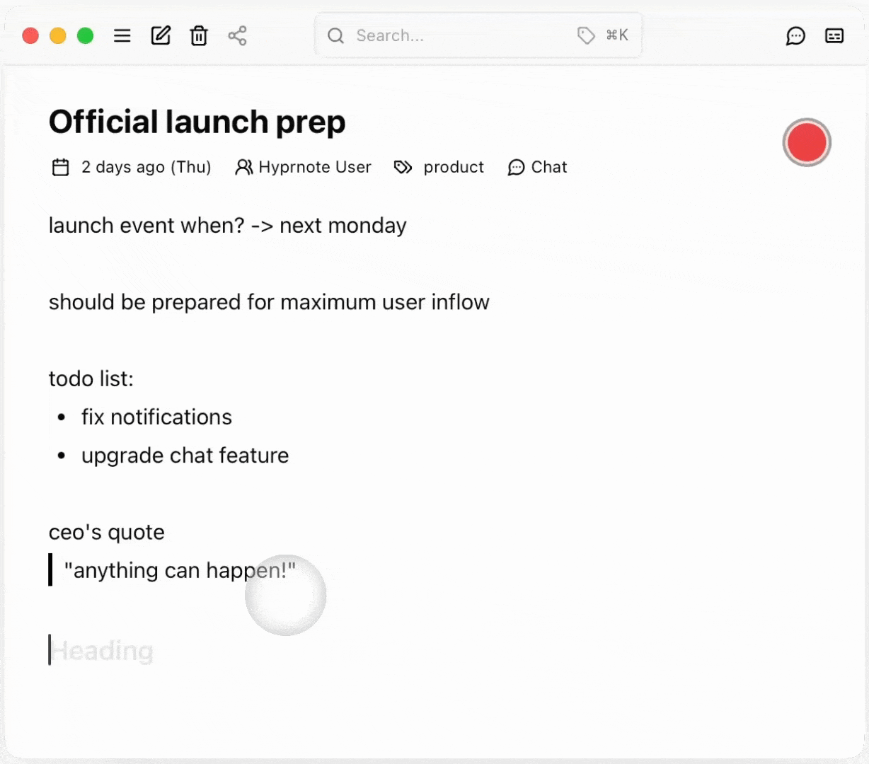 Hybrid markdown editor demonstration showing note-taking functionality