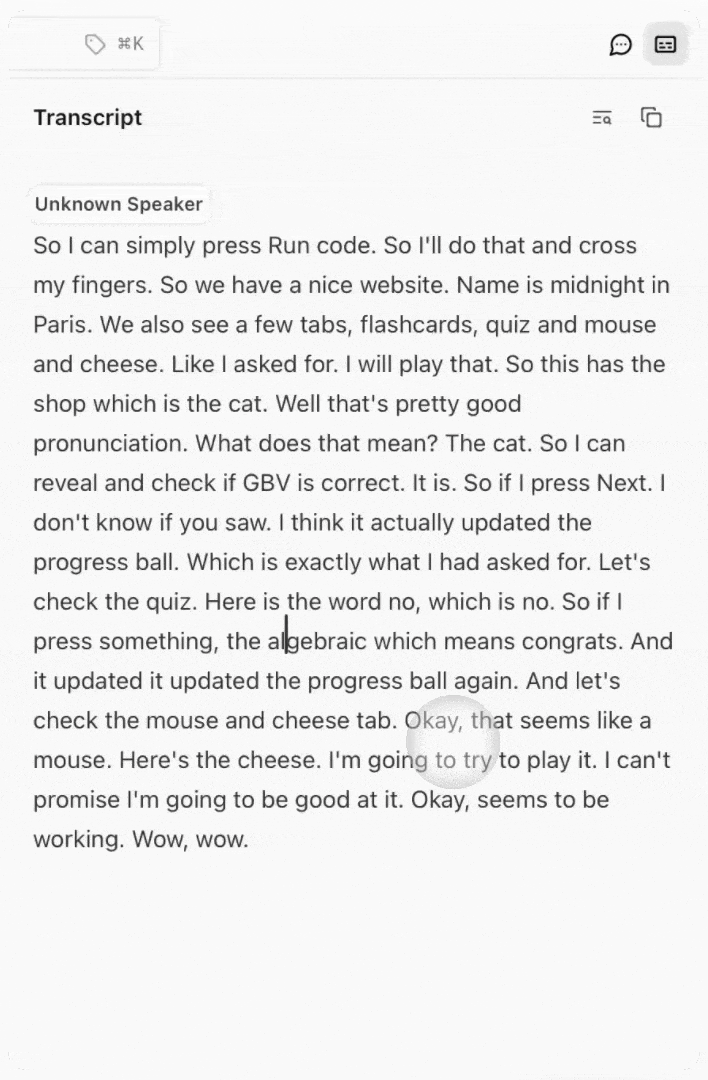 Hybrid transcript editor demonstration showing speaker identification and editing